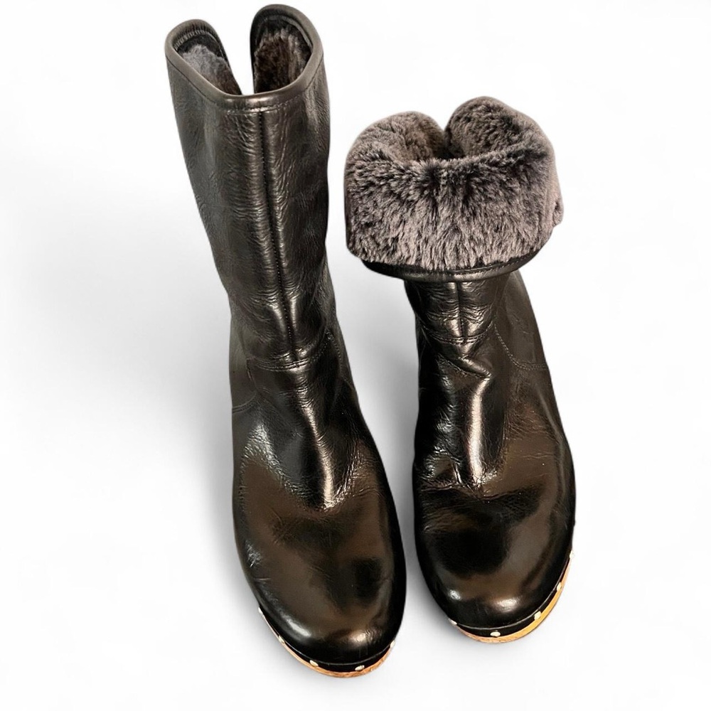 UGG Leather Soft Grey Shearling Lined Ankle Fold Over Platform Comfy Boots